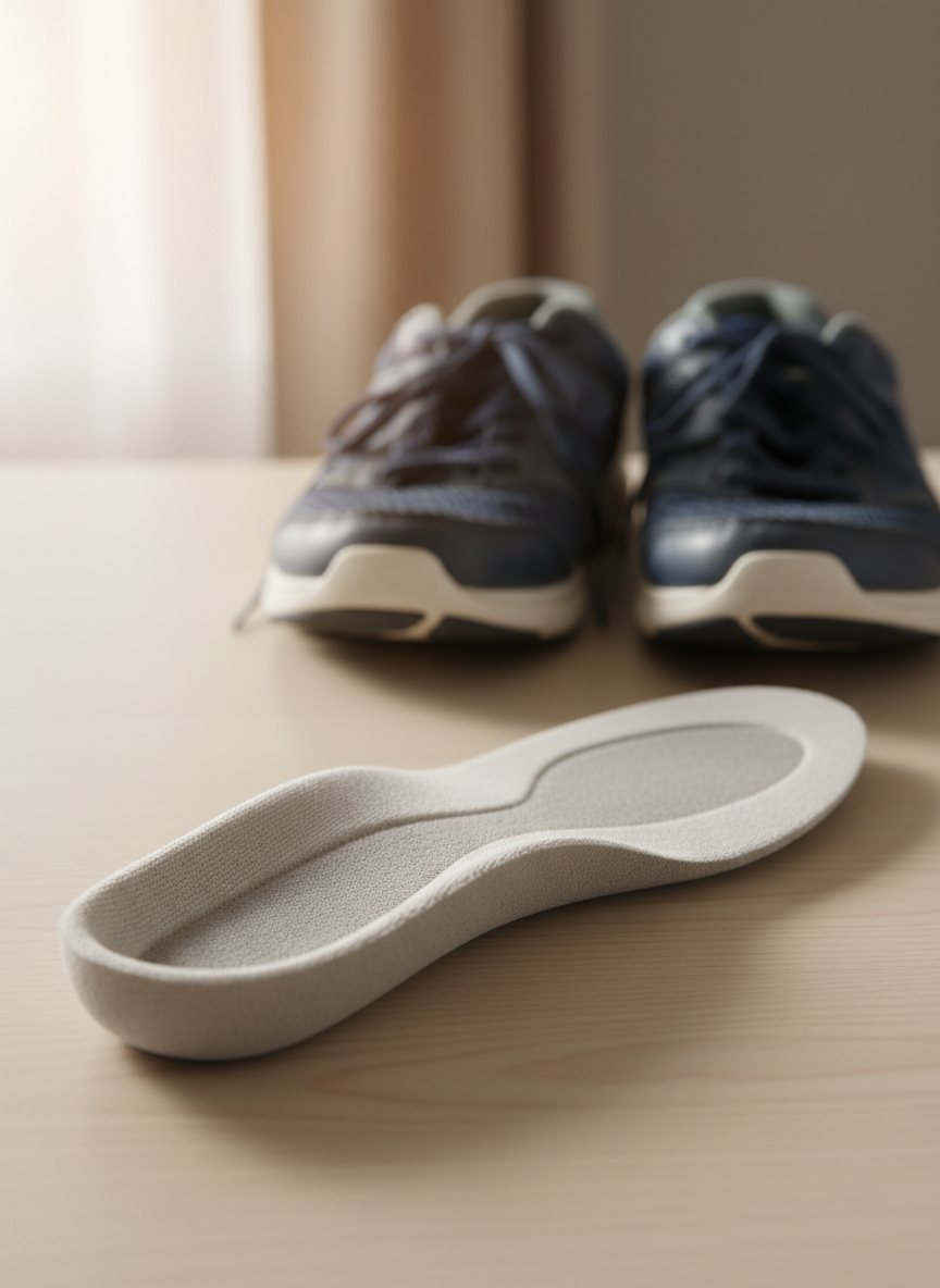 A photographic close-up of a neutral, cushioned insole placed on a plain tabletop, its surface marked only by subtle, natural impressions indicating where the heel, arch, and forefoot receive the most pressure. The insole’s texture and contours are rendered in high detail, suggesting support and alignment. Behind it, softly blurred in the background, a pair of walking shoes rests side-by-side, toes slightly angled as if just taken off after a long day. Warm, diffused window light from the side creates gentle highlights on the insole’s curves and casts soft shadows that define its shape. The mood is calm and professional, implying a thoughtful, biomechanical approach to relieving plantar fasciitis and related foot pain through improved walking mechanics.