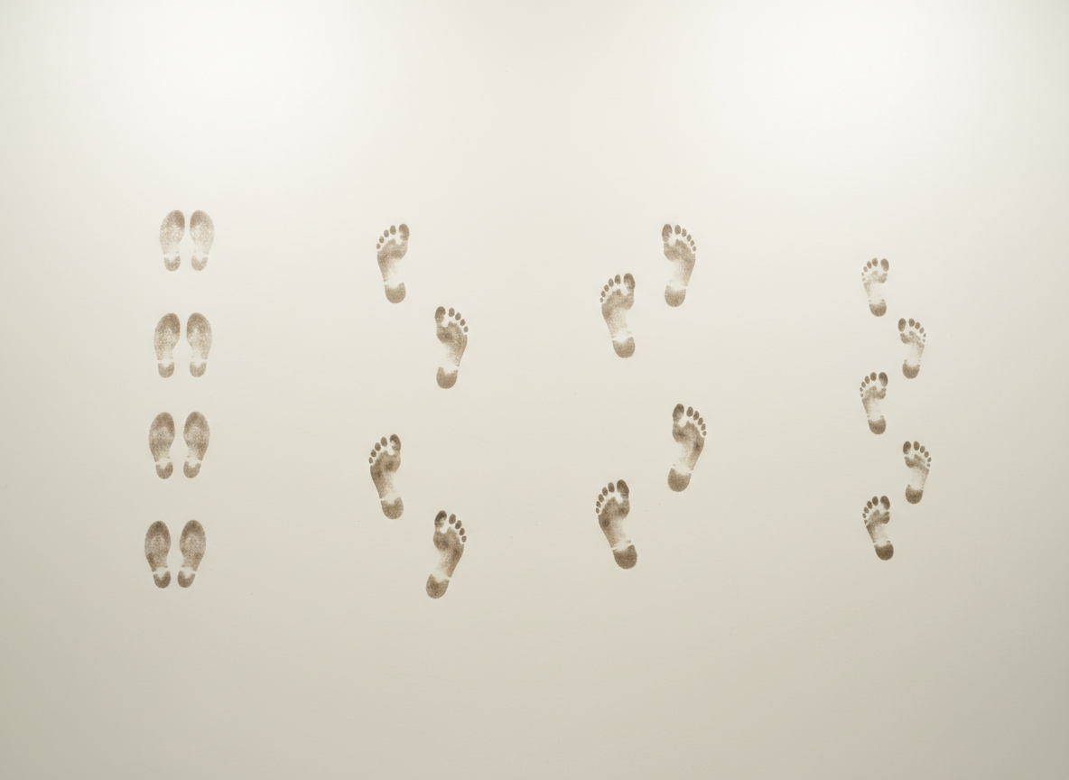 An overhead photographic view of a minimalist, light-colored floor with four subtly different sets of shoe prints, each representing a distinct walking pattern: one straight and balanced, one pronated inward, one supinated outward, and one with shortened stride. The prints are rendered as realistic, slightly darkened impressions, as if lightly damp soles crossed a matte surface. Soft, diffused studio lighting creates a clean, shadow-free environment that highlights the directional angles and spacing of each trail. The composition uses a clear, grid-like arrangement to suggest a structured, four-step system of understanding gait. The mood is analytical yet accessible, visually linking walking patterns to potential sources of chronic pain without using text or diagrammatic lines.