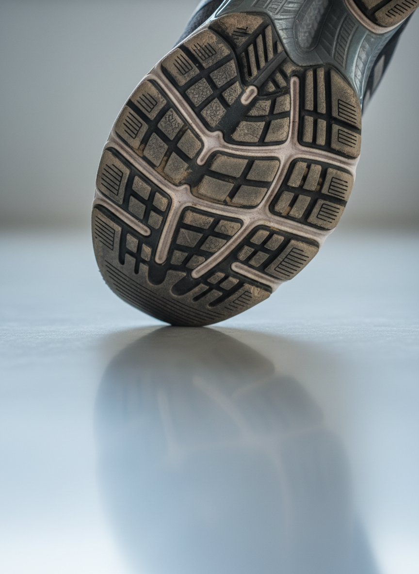 An extremely close, angled photographic view of a shoe sole hovering just above a smooth, neutral floor, captured at the instant before it makes contact. The intricate tread pattern is in razor-sharp focus, showing areas of abrasion and smoother regions that hint at gait imbalances. A faint, mirrored reflection of the sole appears on the polished surface beneath, subtly distorted near heel and forefoot to suggest uneven loading. Soft, directional studio lighting from one side creates gentle highlights along the raised tread and fine, controlled shadows that reveal depth. The overall mood is precise and analytical but not technical, illustrating how careful observation of each step can uncover the hidden origins of chronic pain in the back, hips, and feet.