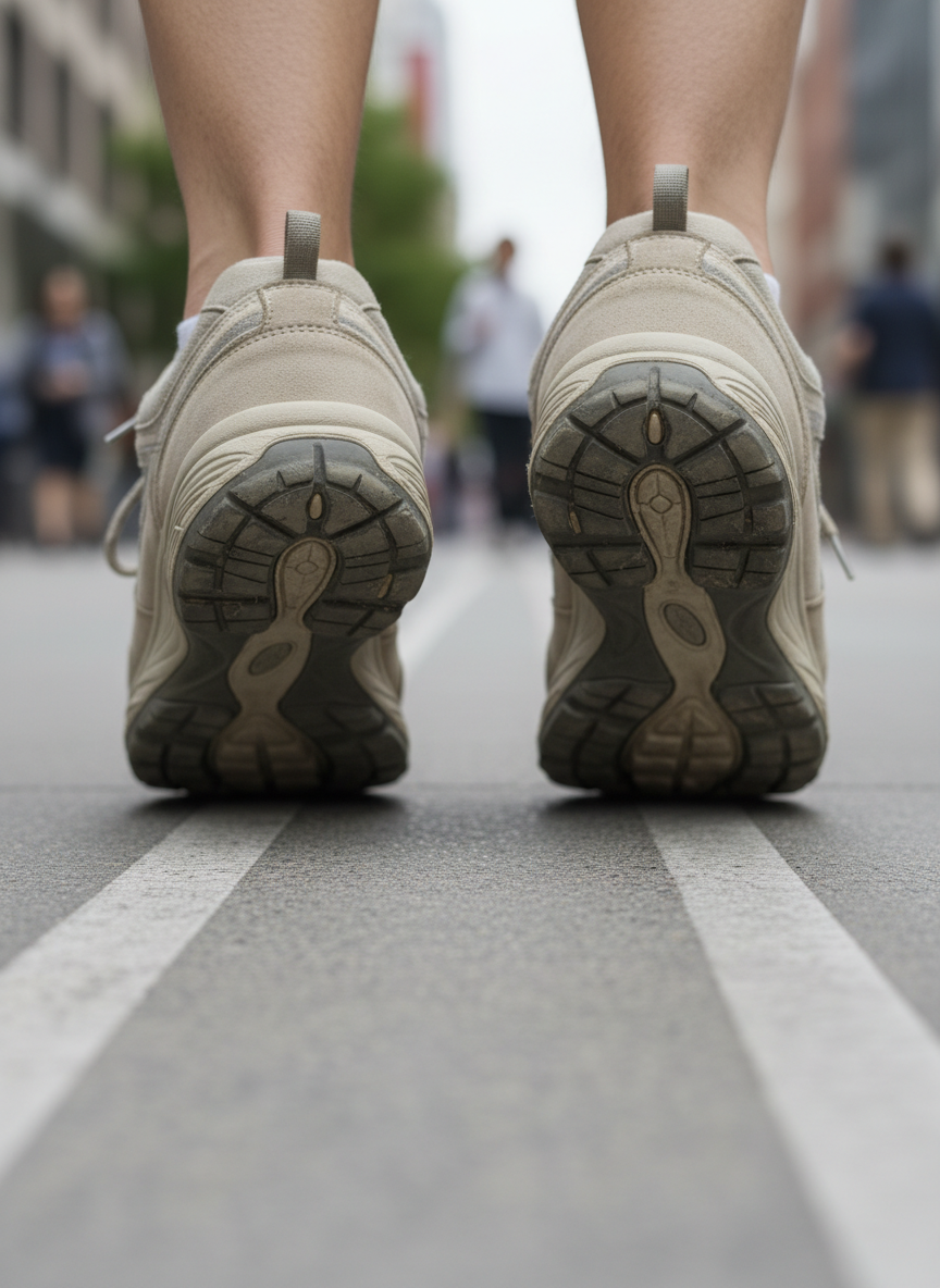A pair of well-worn, neutral-colored walking shoes mid-stride on a smooth city sidewalk, the soles captured in crisp detail to reveal subtle asymmetry and uneven wear patterns. The shoes move past faintly blurred paving lines that hint at direction and rhythm of gait. Soft, overcast daylight creates even, shadowless illumination, emphasizing texture in the rubber tread and fabric uppers. Photographic realism with a low, ground-level angle focuses on how each step lands, while the background falls into a gentle bokeh of urban shapes. The mood is professional and observational, suggesting careful analysis of walking mechanics and how subtle gait issues connect to chronic aches and pains without feeling clinical or sterile.