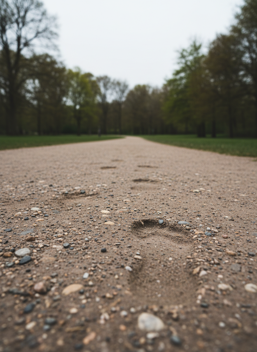 A wide photographic shot of a long, gently curving park path captured from a very low, ground-level perspective, where the focus rests on a series of small pebbles and subtle imprints in the packed earth showing the flow of footsteps. Each impression reveals variations in depth from heel to toe, suggesting how weight transfers during walking. The surrounding grass and trees blur into a soft, green backdrop under overcast sky, creating a calm, neutral palette. Diffused daylight eliminates harsh shadows, emphasizing texture on the path itself. The composition uses the path as a leading line that draws the eye forward, evoking the idea of tracing chronic back and sciatic pain back to simple, everyday walking patterns in a non-clinical, natural setting.