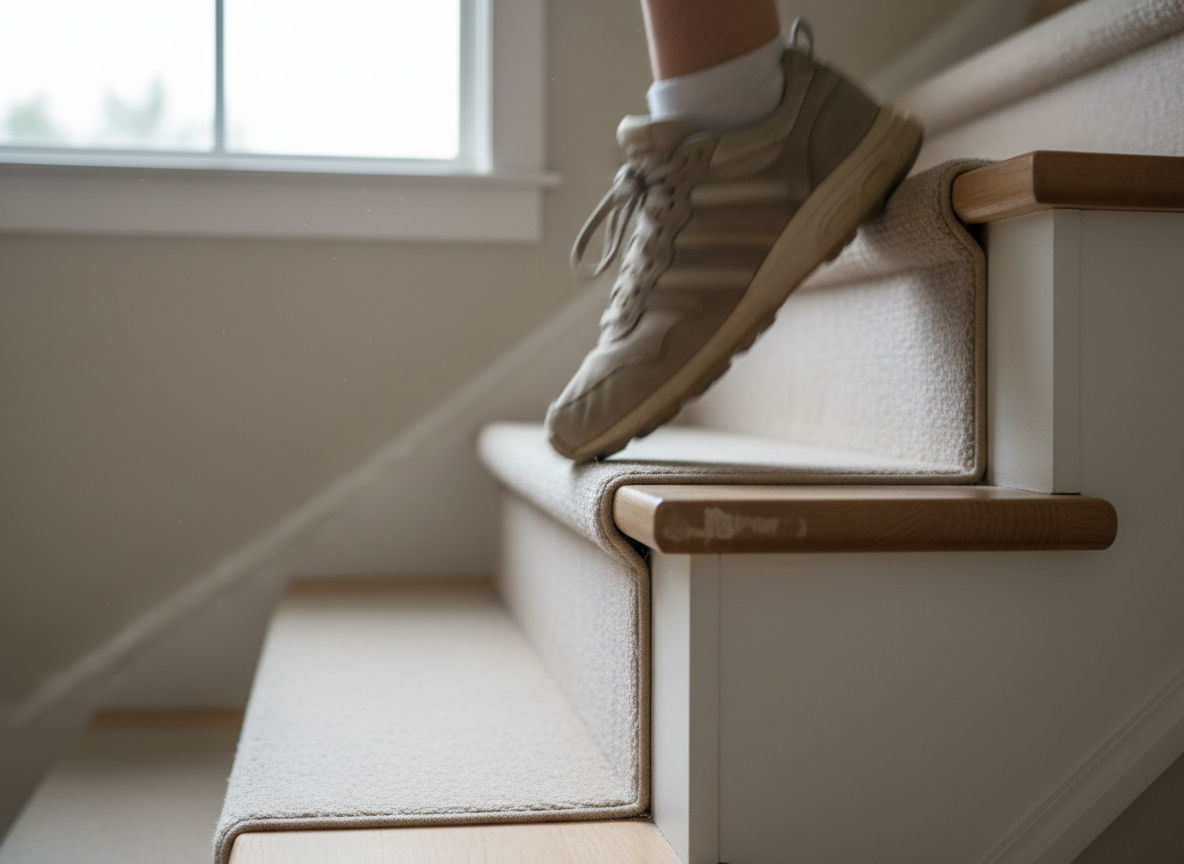 A realistic photographic close-up of a neutral-toned staircase seen from the side, with only a single, detailed shoe and lower leg implied as a motion blur ascending, emphasizing how the foot rolls off each step. The stair edges are sharply in focus, revealing slight wear on specific corners that hint at habitual movement patterns. Soft indoor daylight from a nearby window creates gentle, angled illumination, forming subtle shadows beneath each tread. The camera is positioned low, almost level with the steps, to accentuate the shift from heel to forefoot. The mood is quietly focused and professional, suggesting how everyday movements like climbing stairs can reveal imbalances that contribute to knee, hip, or lower back pain over time.