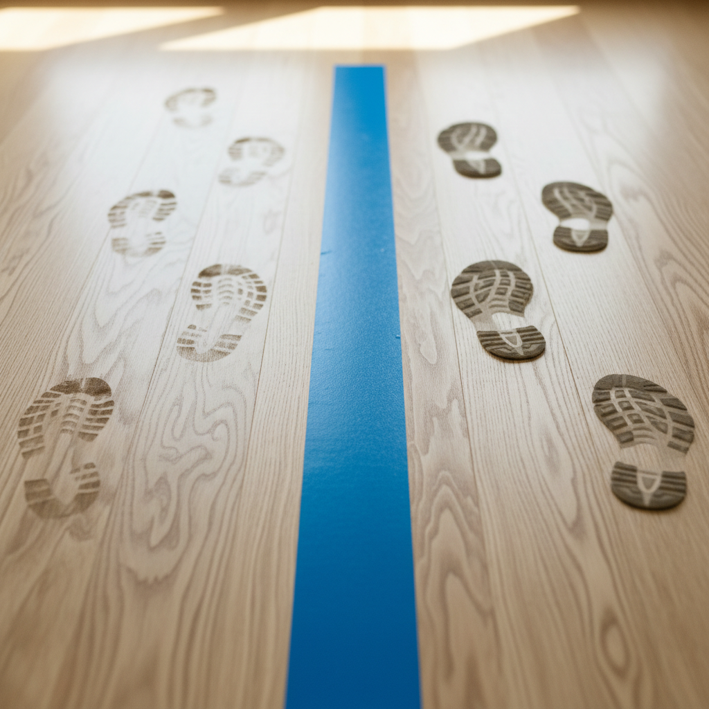 A detailed photographic view of a light wood floor intersected by a single strip of bright athletic tape running straight down the center, like a gait analysis line. On either side of the tape, two sets of realistic shoe impressions progress forward: one slightly rotated and irregular, the other aligned and evenly spaced. The floorboards’ grain adds subtle texture, while the space around remains uncluttered. Soft, indirect daylight from an unseen window bathes the scene, casting minimal, gentle shadows that preserve clarity. Captured from a slightly elevated angle with sharp focus, the composition feels precise and methodical, conveying a professional yet approachable atmosphere that hints at structured assessment and improvement of walking patterns to reduce chronic pain.