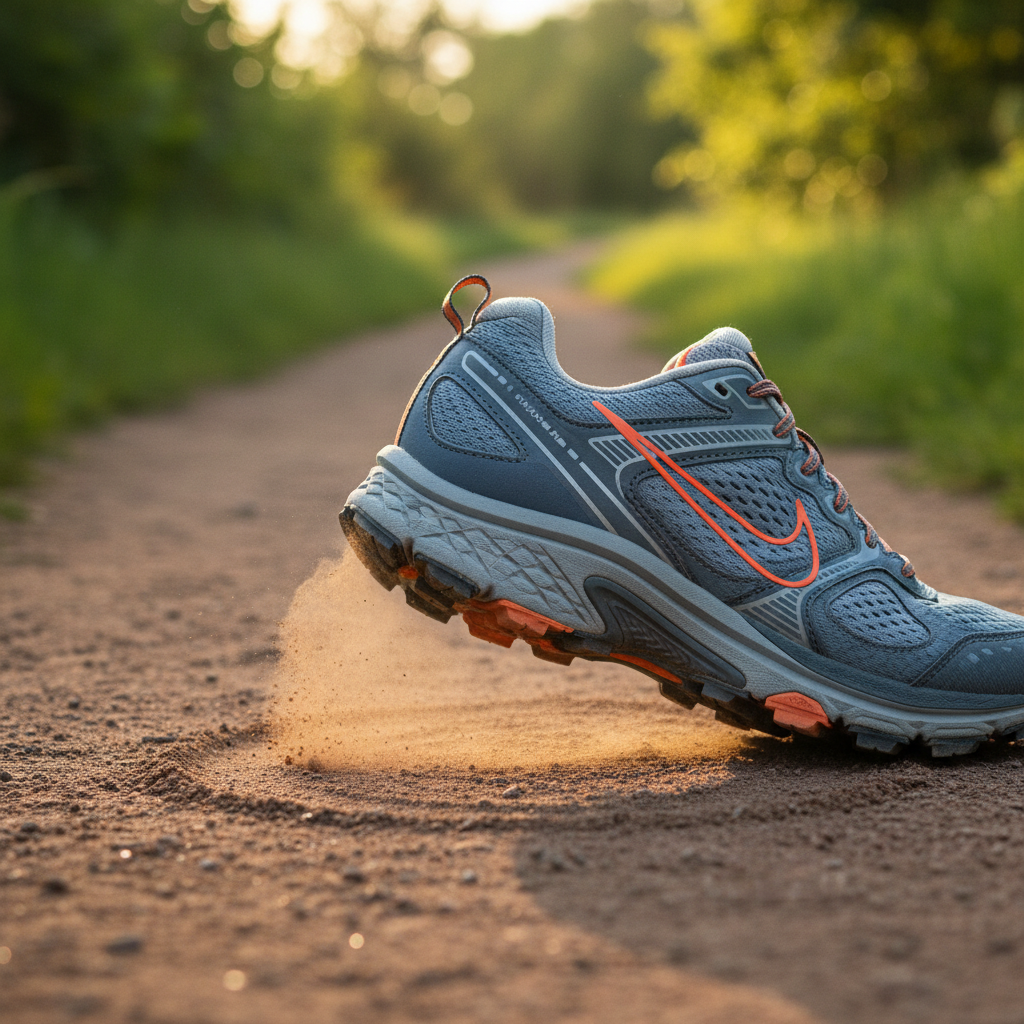 A close, side-on photographic view of a single athletic shoe frozen just as the heel touches a compacted dirt path, showing the moment of impact and rolling through the arch toward the toes. Fine dust is slightly disturbed beneath the heel, revealing pressure points and weight distribution. Surrounding the shoe, the path curves away between out-of-focus greenery, evoking a natural walking route. Late afternoon natural light casts soft, directional highlights along the shoe’s contours, creating gentle shadows beneath the arch. Shot at ankle level with moderate depth of field, the composition feels precise yet approachable, emphasizing biomechanics of the stride and how walking patterns can influence back, hip, and foot pain over time.