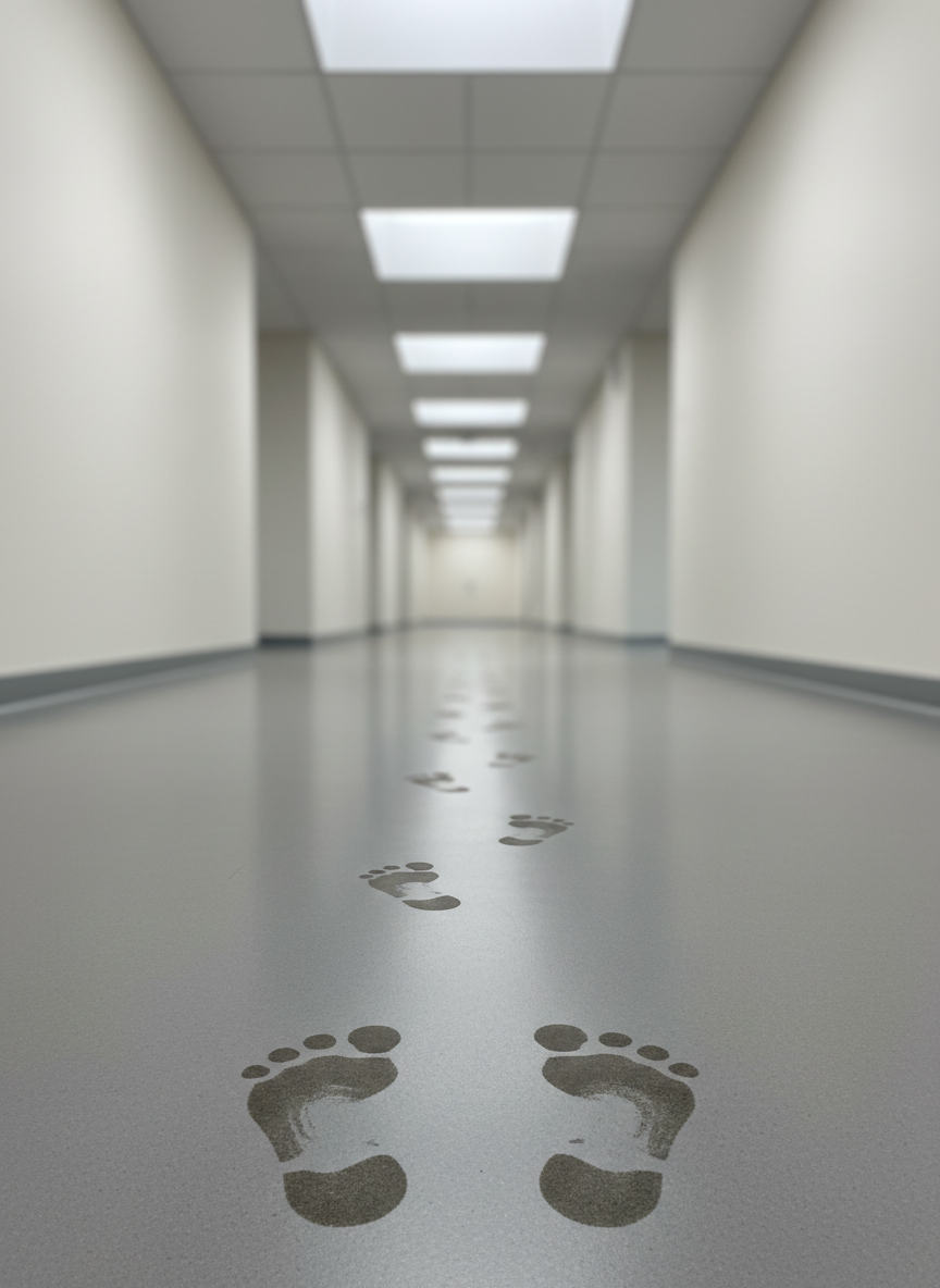 A clean, modern hallway with a long, matte floor seen in perfect perspective, featuring a single, continuous trail of realistic, slightly darker foot-shaped impressions that gradually change from uneven and tilted to symmetrical and centered as they move toward the foreground. The distant end of the hallway is softly blurred, while the nearest, most balanced impressions are in sharp focus. Bright but diffused daylight from overhead skylights creates an even, clinical-free brightness, emphasizing the progression of gait correction. Shot at a low, receding angle with strong leading lines, the image conveys a clear journey from dysfunctional walking patterns toward healthier movement, visually echoing a structured, step-by-step approach to resolving chronic aches and pains.